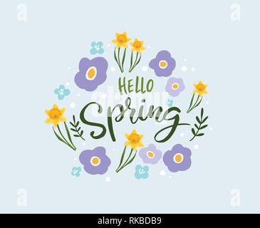 Vector avec cartes florales fleurs de printemps. Narcisse jaune et d'autres fleurs de printemps et le texte Bonjour printemps. Carte de souhaits printemps floral sur la lumière Banque D'Images