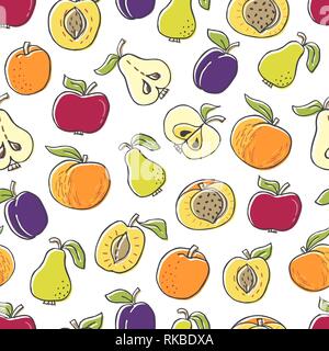 Modèle sans couture avec fruits dessinés à la main, sur fond blanc. Aliments biologiques parfait modèle dans télévision style, pouvez utiliser pour papier d'emballage, produits bio wallp Illustration de Vecteur