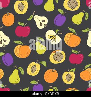 Modèle sans couture avec fruits dessinés à la main, sur fond noir. Aliments biologiques parfait modèle dans télévision style, pouvez utiliser pour papier d'emballage, produits bio wallp Illustration de Vecteur