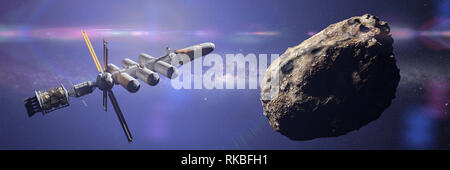 Approche de vaisseau astéroïde, planète naine, la mission d'exploration de l'espace lointain (science-fiction 3d illustration bannière, éléments de cette image sont é Banque D'Images