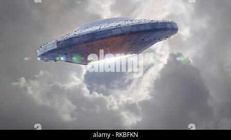 Ovni, la science-fiction extraterrestre avec la scène dans le ciel, des visiteurs extraterrestres dans soucoupes (espace 3D Rendering) Banque D'Images