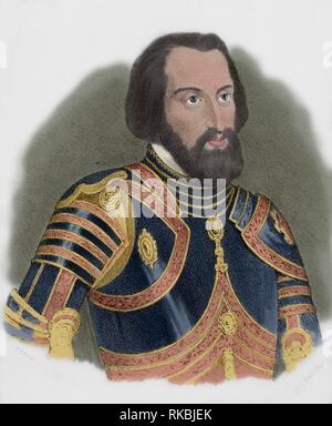 Hernán Cortés (Medellín, provincia de Badajoz, 1485-Castilleja de la Cuesta, provincia de Sevilla, 1547). Conquistador español que inició la expedición de la conquista de Mexico. El nuevo territorio pasaría une denominarse Nueva España. Dibujo por J. Cebrián. Litografía. Coloreada. Retrato. Crónica general de España, Historia Ilustrada Descriptiva y de sus Provincias. L'Estrémadure, 1870. Banque D'Images