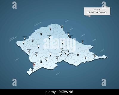 3D isométrique de la DR Congo carte d'illustration vectorielle, avec des villes, des frontières, des capitaux, des divisions administratives et marques ; pointeur bleu zone de gradient Illustration de Vecteur