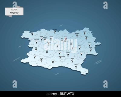 3D isométrique du Kosovo, vector illustration avec les villes, les frontières, les capitaux, les divisions administratives et marques ; pointeur fond bleu dégradé. Co Illustration de Vecteur