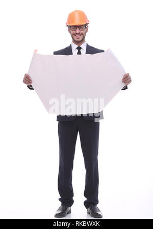 En pleine croissance. businessman looking at dessins d'un nouveau projet. isolé sur fond blanc Banque D'Images