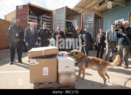 Le Vice-président américain Mike Pence est donné une démonstration d'obé de procédure de recherche par les Douanes et protection des frontières austro-chef Robert et son chien Zombie, 7, au cours d'une visite à la Dundalk Marine Terminal au Port de Baltimore Le 8 février 2019 à Baltimore, Maryland. Banque D'Images