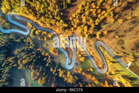 Route sinueuse dans la forêt d'automne au coucher du soleil dans les montagnes. Vue aérienne. Vue de dessus de belle chaussée asphaltée et d'orangers. Grâce à l'autoroute woodlan Banque D'Images