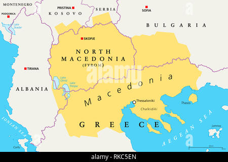 Macédoine région, une carte politique. Région de la péninsule des Balkans dans le sud-est de l'Europe. Partie de Grèce, Macédoine du Nord, Bulgarie, Albanie, Kosovo, Serbie. Banque D'Images