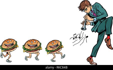 Des hamburgers pour aller un homme avec un tuyau corne. Comic cartoon retro pop art dessin illustration vectorielle Illustration de Vecteur