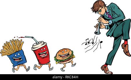 Restauration rapide pour l'homme va jouer de la musique. isoler sur fond blanc. Comic cartoon retro pop art dessin illustration vectorielle Illustration de Vecteur