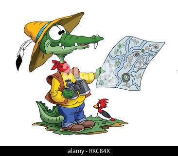 Cartoon alligator aventurier à sa carte pour trouver sa route vector illustration Illustration de Vecteur