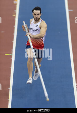 Birmingham, UK. 10 fév, 2019. Jack Phipps dans Men's Pol Vault durant la Finale SPAR Athlétisme Indoor Championships 2019 Arena à Birmingham, le dimanche 10 février 2019. BIRMINGHAM ENGLAND. (Usage éditorial uniquement, licence requise pour un usage commercial. Aucune utilisation de pari, de jeux ou d'un seul club/ligue/dvd publications.) Credit : Crédit : Wu G Taka Taka Wu/Alamy Live News Banque D'Images