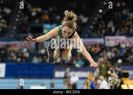 Birmingham, UK. 10 fév, 2019. Lucy Hadaway en saut en longueur durant la Finale SPAR Athlétisme Indoor Championships 2019 Arena à Birmingham le dimanche, 10 février 2019. BIRMINGHAM ENGLAND. (Usage éditorial uniquement, licence requise pour un usage commercial. Aucune utilisation de pari, de jeux ou d'un seul club/ligue/dvd publications.) Credit : Crédit : Wu G Taka Taka Wu/Alamy Live News Banque D'Images