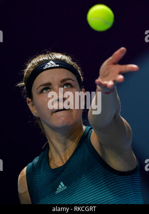 Doha, Qatar. 10 fév, 2019. Karolina Muchova sert de la République tchèque au cours du match de qualification contre Kristyna Pliskova de la République tchèque à l'ATA 2019 Open du Qatar à Doha, Qatar, le 10 février 2019. Karolina Muchova 2-1 pour entrer dans la ronde finale de qualification. Credit : Nikku/Xinhua/Alamy Live News Banque D'Images