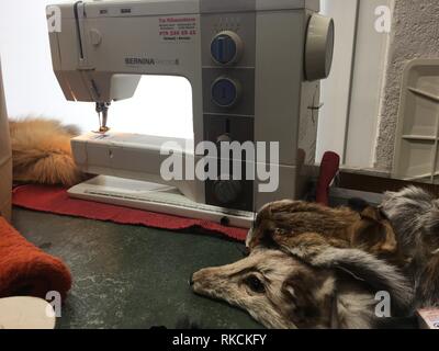 01 février 2019, Suisse, Zurich : Dans l'atelier du maître fourreur Suisse Thomas aus der Au, la tête d'un renard rouge suisse transformés est à la machine à coudre. Aus der Au et son SwissFur association sont engagés à l'utilisation des peaux. Photo : Christiane Oelrich/dpa Banque D'Images