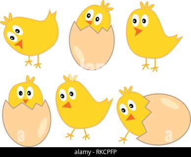 Poulets de pâques jaune mignon avec des oeufs - vector illustration isolé sur fond blanc Illustration de Vecteur