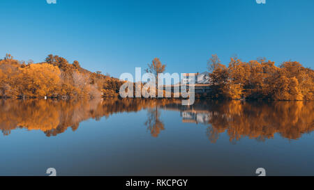 Couleurs d'automne forêt bois Jaune Orange réfléchissant sur le lac d'eau bleu clair naturel paysage magnifique Météo Banque D'Images