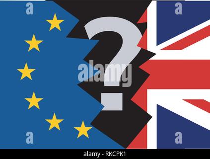 Brexit - bleu de l'Union européenne drapeau déchiré de l'UE et la Grande-Bretagne Angleterre drapeau déchiré avec sortie question mark concept Illustration de Vecteur