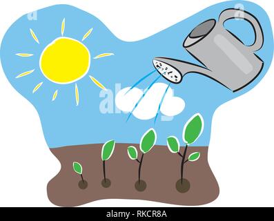 Croissance de l'axe de la plante avec de l'eau peut, le sol, soleil, ciel et nuages. Illustration à la main artistique. Illustration de Vecteur