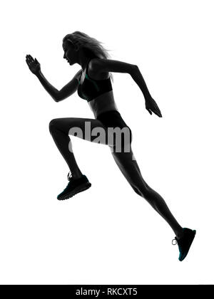 Un caucasian woman runner jogger running jogging en silhouette studio isolé sur fond blanc Banque D'Images