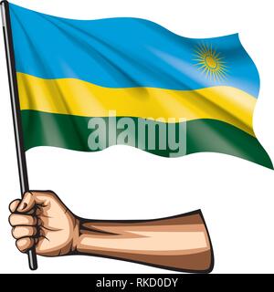 Drapeau du Rwanda et de la main sur fond blanc. Vector illustration Illustration de Vecteur