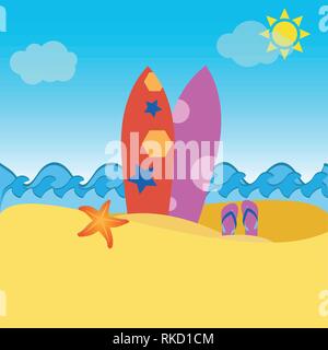 Les planches dans le sable, des tongs et des étoiles de mer, vacances Illustration de Vecteur