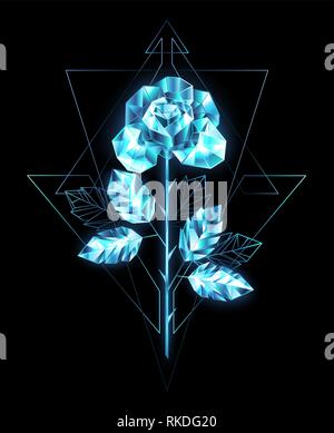 Mousseux, polygonale, tige droite avec rose cristalline de la glace transparente, bleu sur fond noir. Illustration de Vecteur