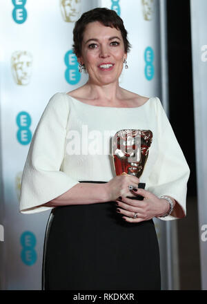 Olivia Colman avec sa meilleure actrice dans un premier rôle pour le BAFTA propose de participer à l'après show partie pour l'EE British Academy Film Awards à l'hôtel Grosvenor House à Londres. Banque D'Images