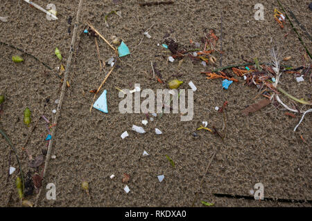 Petits morceaux de déchets plastiques colorés trouvés échoués sur la plage dans le parc national Pacific Rim, l'île de Vancouver, Canada Banque D'Images