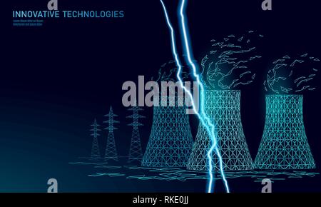 Tour de refroidissement de centrale nucléaire faible poly. L'écologie de rendu 3D sauver la planète de la pollution pour l'environnement. polygonale triangle concept Danger de la foudre vector Illustration de Vecteur