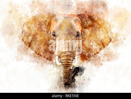 Illustration aquarelle portrait d'éléphant. Belle wildlife world Banque D'Images