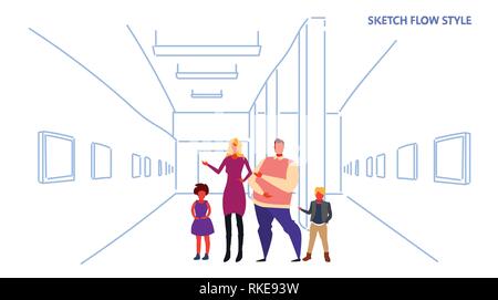 À la galerie d'art moderne de la famille parents et enfants visiteurs affichage des tableaux contemporains expositions Musée d'œuvres d'intérieur hall flux croquis Illustration de Vecteur