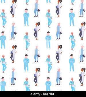 Les médecins de l'hôpital de course mélange hommes femmes spécialistes en uniforme modèle sans couture homme femme personnages de télévision isolés pleine longueur Illustration de Vecteur