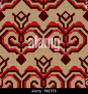 Modèle sans couture tricoté saturés décoré de figures décoratives en teintes rouge sur fond beige, le vecteur comme texture tissu Illustration de Vecteur