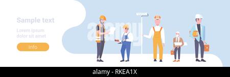 L'équipe de travailleurs de la construction techniciens industriels constructeurs hommes personnages masculins du groupe horizontal sur toute la longueur de l'espace de copie Illustration de Vecteur