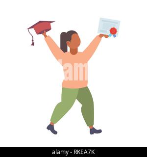 Woman graduate holding cap et diplôme certificat de l'éducation et l'obtention du diplôme concept african american female personnage télévision pleine longueur Illustration de Vecteur