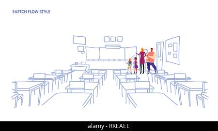 Les parents d'enfants de l'école permanente de l'intérieur d'une salle de classe 24 carte de débit horizontal style croquis Illustration de Vecteur