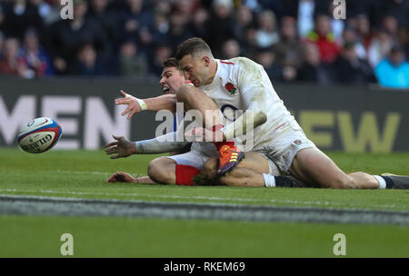 Londres, Royaume-Uni. 10 fév, 2019. Antoine Dupont (France) et Jonny Mai (Angleterre) durant les Six Nations 2019 match de rugby entre l'Angleterre et la France le 10 février 2019 au Stade de Twickenham à Londres, Angleterre - Photo Laurent Lairys / DPPI Crédit : Laurent Locevaphotos Lairys/agence/Alamy Live News Banque D'Images