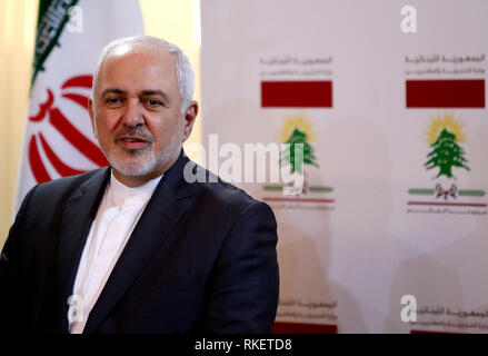 Beyrouth, Liban. Feb 11, 2019. Visiter le Ministre iranien des affaires étrangères Mohammad Javad Zarif assiste à une conférence de presse à Beyrouth, Liban, le 11 février, 2019. Credit : Bilal Jawich/Xinhua/Alamy Live News Banque D'Images