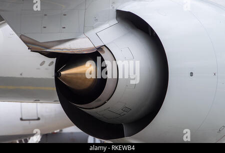 11 février 2019, Hessen, Frankfurt/Main : Le moteur d'un Boeing 777F de la compagnie aérienne cargo Aerologic sur l'aéroport de Francfort. Photo : Silas Stein/dpa Banque D'Images