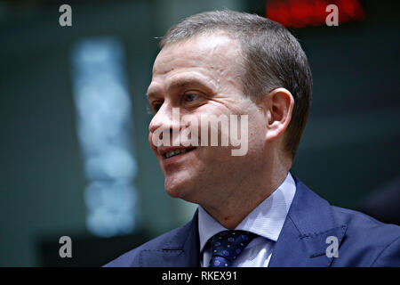 Bruxelles, Belgique. 10 févr. 2019 11. Le ministre des Finances, finition Petteri Orpo arrive d'assister dans un contexte économique et financier (ECOFIN) Conseil Affaires étrangères. Alexandros Michailidis/Alamy Live News Banque D'Images