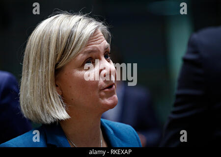 Bruxelles, Belgique. 10 févr. 2019 11. La Suède Le ministre des Finances, Magdalena Andersson arrive à assister dans un contexte économique et financier (ECOFIN) Conseil Affaires étrangères. Alexandros Michailidis/Alamy Live News Banque D'Images