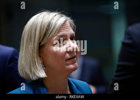 Bruxelles, Belgique. 10 févr. 2019 11. La Suède Le ministre des Finances, Magdalena Andersson arrive à assister dans un contexte économique et financier (ECOFIN) Conseil Affaires étrangères. Alexandros Michailidis/Alamy Live News Banque D'Images