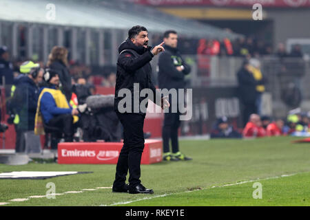 Milano, Italie. 10 Février, 2019. Gennaro Gattuso, entraîneur-chef de l'AC Milan au cours de la série de gestes , un match de football entre l'AC Milan et Cagliari Calcio. Crédit : Marco Canoniero/Alamy Live News Banque D'Images