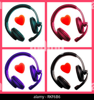 Casques, écouteurs colorés en noir, violet, vert, Indigo et coeur rouge isolé sur fond blanc avec des images rouges. Centre d'appels, assistance technique Banque D'Images