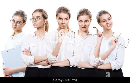 Collage de jeune femme d'affaires avec des cheveux blonds. Sur fond blanc. Banque D'Images