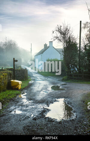 Un cottage peint en blanc par un chemin de campagne tranquille au Pays de Galles. Banque D'Images