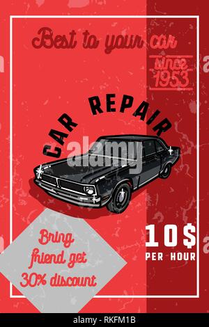 Réparation de voiture vintage couleur bannière. Bon pour la réparation atelier, enchères voitures classiques, clubs, tee shirt. Illustration de Vecteur