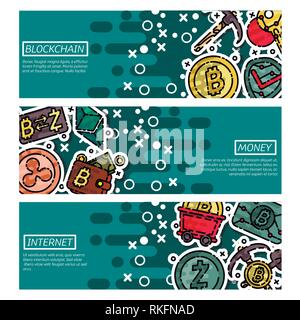 Ensemble de bannières horizontales sur blockchain. Thème Cryptocurrency. Illustration vectorielle, EPS 10 Illustration de Vecteur
