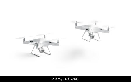 Blank white stand et battant quadrocopter immersive, isolé, rendu 3d. Prise de vide maquette du robot, vue de côté. Effacer pro avec télécommande pour vi Banque D'Images